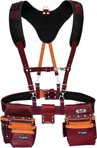 Vista 6 de FUERI Cinturón de herramientas de cuero con tirantes, bolsas de servicio pesado, bolsas para herramientas para hombres, carpinteros, construcción