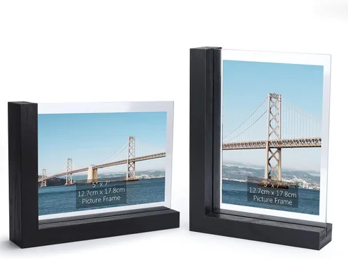 Vista 9 de Lavezee Paquete de 2 marcos de fotos de 4 x 6 pulgadas, hechos de base de madera negra en forma de L con vidrio, imágenes de fotos de doble cara