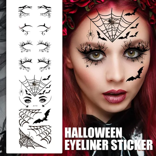 Vista 4 de Pegatinas temporales de tatuaje de telaraña de Halloween, sombra de ojos, delineador de ojos, maquillaje de ojos para mujeres y niñas, fiesta