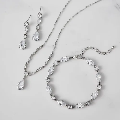 Vista 5 de SWEETV Juego de joyas de novia para boda, collar de circonita cúbica, aretes colgantes, juego de pulsera, marquesa de lágrima, novias, damas