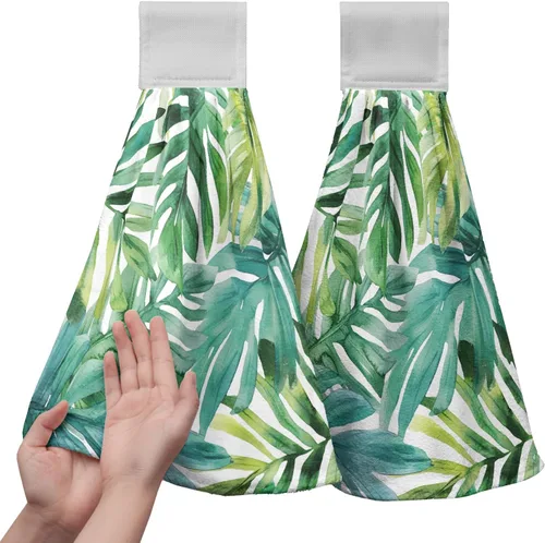 Vista 14 de Juego de 2 toallas de cocina colgantes de hojas tropicales de verano, color verde, hojas de palmera, con bucles para colgar, suaves y absorbentes