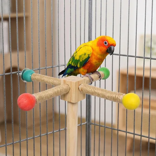 Vista 6 de 1 unids Bird Stand Perch Toy Interactivo Madera y Cuerda de Cáñamo Perca Enriquecimiento Ejercicio para loros pequeños medianos Fácil de instalar
