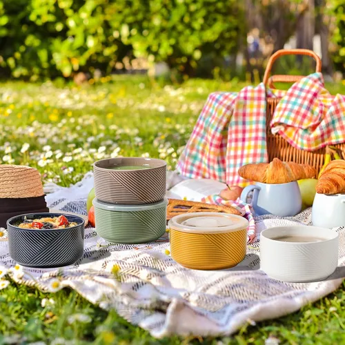 Vista 7 de Cuencos de cerámica con tapas: recipientes de almacenamiento de alimentos aptos para microondas de 20 onzas para sopa, ensalada, cereales, sobras