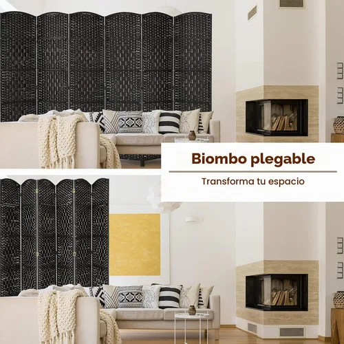 Vista 3 de Giantex Divisor de habitación de 6 paneles de 6 pies de alto, panel divisor de madera independiente con fibra de papel tejida a mano, separadores