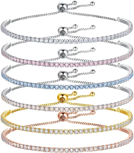 Vista 6 de Delicada pulsera de tenis de moissanita de oro de 18 quilates con diamantes completos de una sola fila y deslizador ajustable, regalo del día