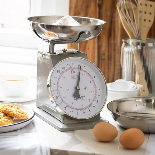 Vista 7 de MARLIZ Báscula de cocina mecánica de estilo antiguo antiguo de 11 libras con 2 tazones Báscula analógica de alimentos para cocina Gris