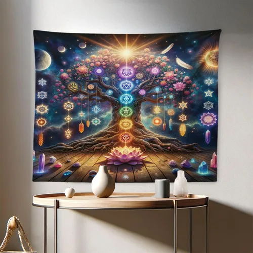 Vista 34 de Ambesonne Tapiz hippie, abrazo de hongos de ensueño y árbol de la vida místico y mandal verde, decoración de tela para colgar en la pared