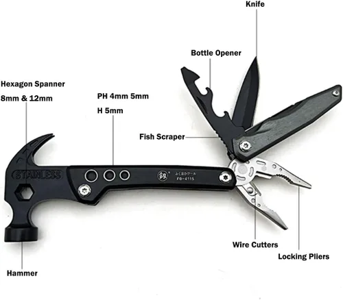 Vista 2 de Hammer & Pliers Herramienta multifuncional 14 en 1 Kit portátil para emergencias de automóvil, camping, hogar