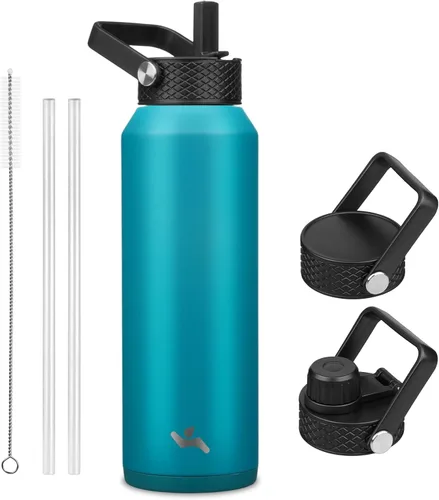 Vista 15 de Konokyo - Botella de agua aislada de 18 onzas, botellas deportivas de acero inoxidable con 3 tapas, verde militar