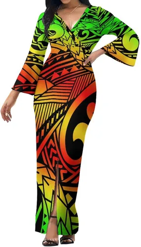 Vista 5 de Polinesio vestido personalizado con cuello en V verano fresco manga larga elegante temperamento y piso vestido de diseño de arte retro