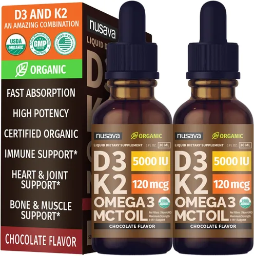 Vista 17 de Paquete de 2 gotas orgánicas de vitamina D3 K2 con aceite MCT y Omega 3 - Vitamina líquida D3 5000 UI - Suplemento de vitamina K2 D3 - Gotas