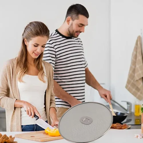 Vista 5 de 3 piezas de pantalla de acero inoxidable para cocina, mango plegable, protección contra salpicaduras de grasa, tapa a prueba de explosiones