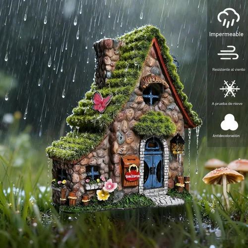 Vista 6 de Estatuas de casa de hadas de resina ASAWASA con luces solares, esculturas de jardín divertidas con decoración flocada y adoquinada, exquisitas