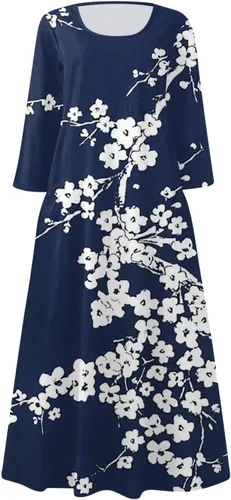 Vista 2 de EKVAHL Vestido de manga 34 para mujer, vestidos de otoño, casual, holgado, talla grande, cuello redondo, estampado floral, elegante vestido largo