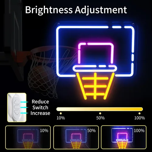 Vista 4 de Letrero de neón de aro de baloncesto para decoración de pared, letrero de luz LED regulable con control de brillo para fanáticos de los deportes