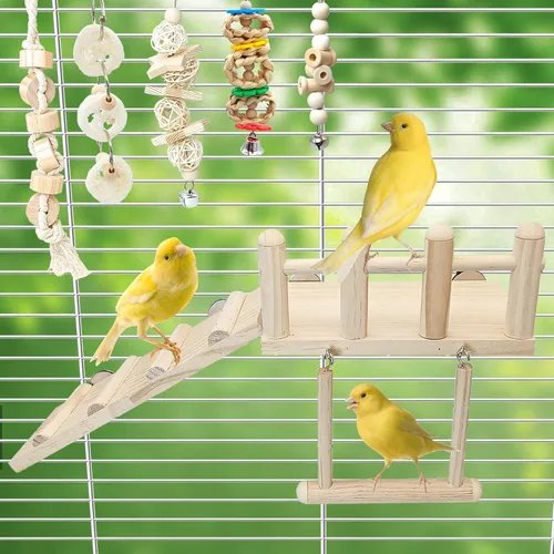 Vista 5 de Hamiledyi 13 piezas de juguetes para loros con columpio, mordedores, perchas para pájaros, plataforma con escalera de escalada y accesorios