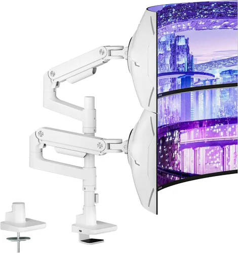 Vista 12 de ARES WING Soporte de escritorio con brazo de doble monitor para monitores ultraanchos de 17 a 49 pulgadas, soporte de monitor doble resistente