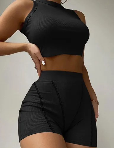 Vista 2 de Alunzoem Conjuntos de entrenamiento para mujer 2 piezas trajes de gimnasio sin costuras acanalado camiseta sin mangas pantalones cortos de cintura