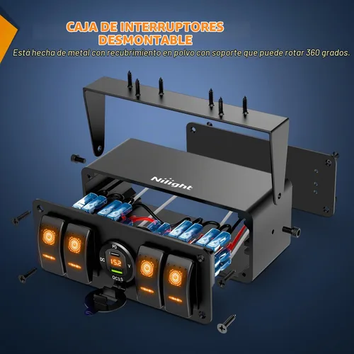 Vista 2 de Nilight 4 Gang Rocker Switch Box 12V SPST ON Off Orange LED Impermeable Ámbar+Caja
