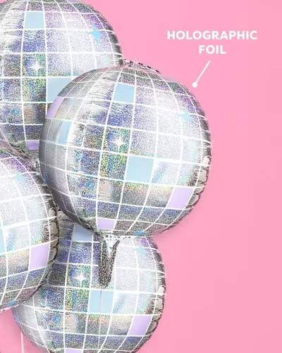 Vista 3 de xo, Fetti Globos de Papel de Aluminio con Bola de Discoteca Iridiscente - Paquete de 4, 22" Decoraciones de Despedida de Soltera Disco