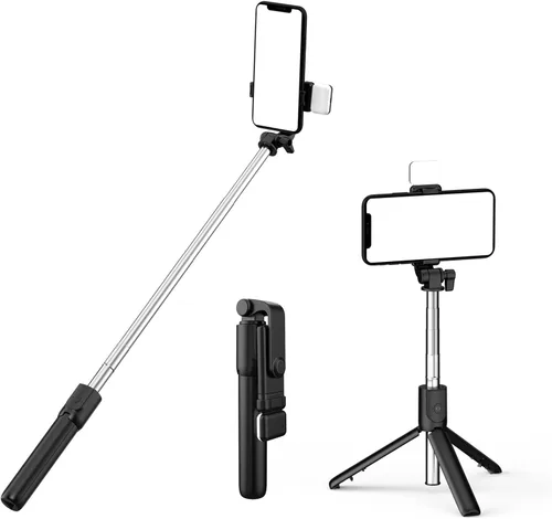 Vista 11 de PINHEN Trípode para teléfono y palo para selfie, 3 en 1, extensible con rotación de 360°, soporte de trípode con control remoto inalámbrico Negro