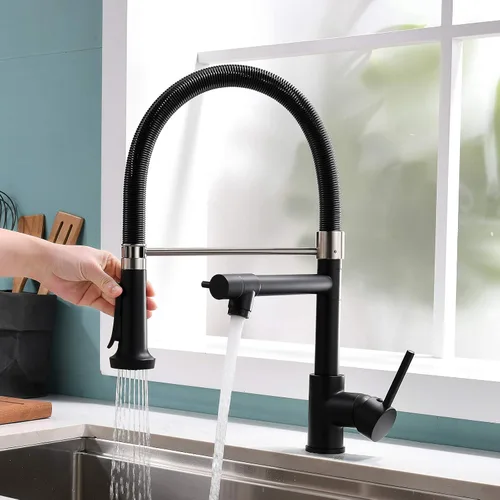 Vista 2 de Grifo de cocina extraíble con rociador, Fapully - Grifo de fregadero de cocina comercial negro primaveral con níquel cepillado