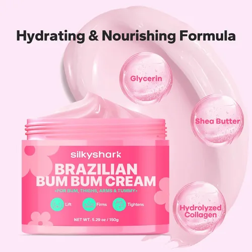 Vista 2 de SilkyShark Bum Bum Cream (5.07 fl oz), crema corporal hidratante con colágeno, cafeína y extractos botánicos, crema de Bumbum para una piel