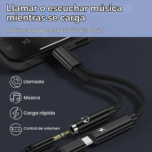 Vista 2 de Adaptador para auriculares Samsung Galaxy S26, cable de audio auxiliar 2 en 1 USB C a 0.1 in Negro