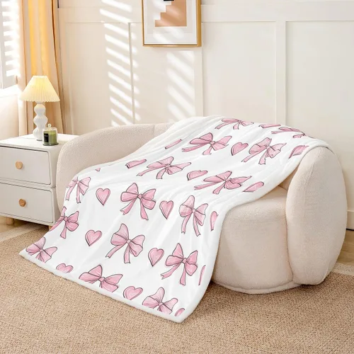 Vista 3 de Manta de franela de forro polar con lazos rosados femeninos de 40 x 50 pulgadas, manta mullida de corazones para el día de San Valentín para sofá