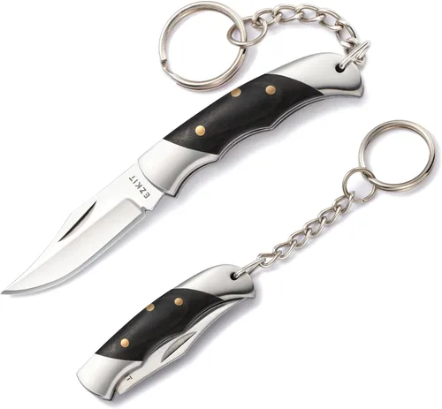 Vista 6 de Cuchillo de bolsillo pequeño, cuchillo EDC con mango de acero inoxidable y madera, pequeño cuchillo plegable, longitud de la hoja 1.5 pulgadas