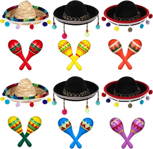 Vista 2 de Honoson 12 piezas de madera Fiesta Maracas 6 Cinco de Mayo Mini sombrero superior sombrero para sombrero decoración de fiesta mexicana