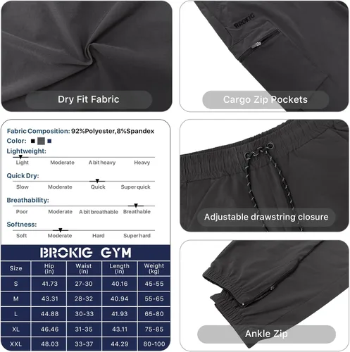 Vista 6 de BROKIG Pantalones deportivos ligeros para hombre, con bolsillos con cremallera, ajustados, atléticos, senderismo, gimnasio, atletismo, pantalones