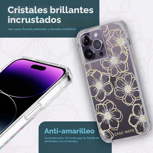 Vista 6 de Case-Mate Funda para iPhone 14 Pro Max, gemas florales, con protección contra caídas de 10 pies y carga inalámbrica, funda de diamantes de imitación