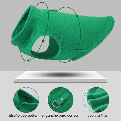 Vista 3 de SATINIOR Suéter de forro polar elástico para perro, chaleco calentador de poliéster, chaqueta sin botones con correa de anillo en D, abrigo con verde
