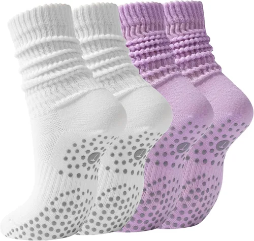 Vista 12 de Calcetines de Pilates Slouch Crew para mujer, calcetines de yoga con agarre antideslizante para barre ballet, baile, hospital, entrenamiento