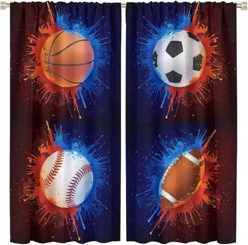 Vista 21 de Cortinas deportivas de baloncesto para niños, patrón de llama de bola 3D naranja, 42 pulgadas de ancho x 45 pulgadas de largo