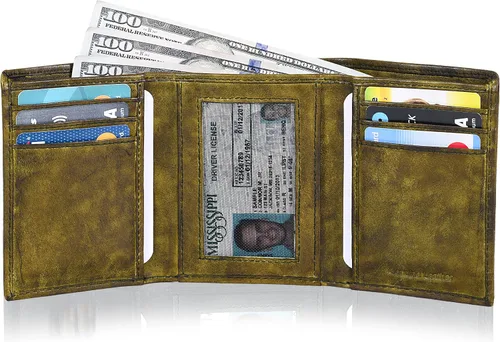 Vista 2 de Tri fold Leather Wallet for Men with RFID Slim Wallets for Men with 1 ID and 6 Credit card slots Front Pocket Minimalist Gift