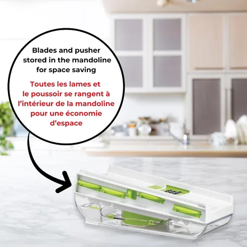 Vista 9 de Starfrit Easy Mandoline Slicer, Dicer - 5 cuchillas - Cuchillas rectas y arrugadas, Julienne, rallador y triturador - Empujador de autoalimentación