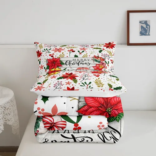 Vista 5 de Juego de edredón de Feliz Navidad, tamaño individual, juego de ropa de cama de flores rojas de Navidad, bayas y hojas, para niños y hombres, juego
