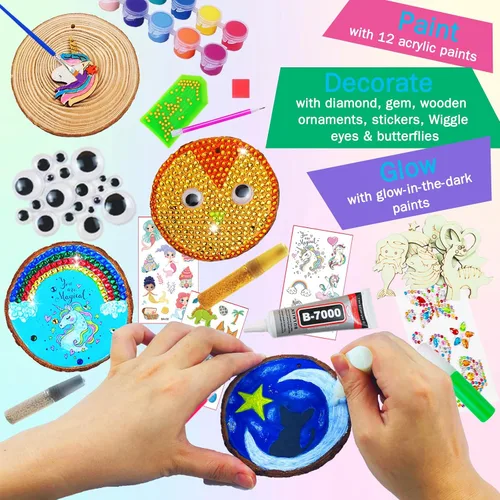 Vista 7 de KIRKOTOY Kit de manualidades de madera para niños, brilla en la oscuridad, regalos para niños y niñas de 6 a 12 años, 24 rebanadas de madera