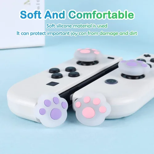 Vista 5 de DLseego Cat Paw Shape - 4 tapas de agarre para pulgar para interruptor regular, interruptor LiteSwitch OLED Joy Con Joystick de silicona suave