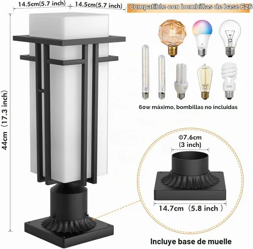 Vista 3 de Lámpara de poste al aire libre – Postes de lámpara de aluminio iluminación al aire libre, linterna de poste de luz al aire libre con base de montaje