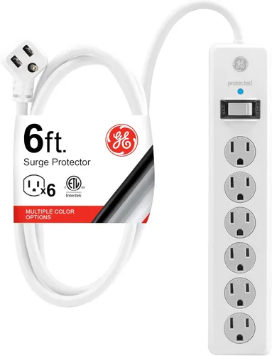 Vista 13 de GE - Protector de sobretensión de 6 tomas, extensión de 6 pies, multicontactos, 800 julios, enchufe plano, tapas de seguridad de cierre por torsión