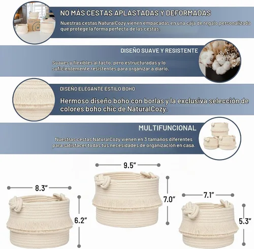 Vista 2 de NaturalCozy - Juego de 3 piezas de cestas de almacenamiento de decoración boho - Cestas tejidas de cuerda de algodón para organizar! Cosas pequeñas