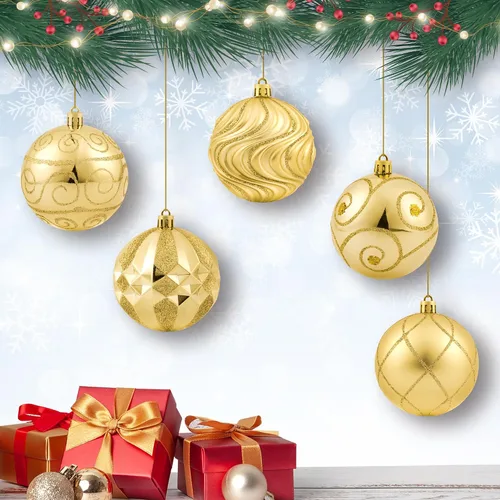 Vista 6 de Juego de adornos de bola de Navidad dorados de 3.15 pulgadas, 16 piezas de adornos dorados para árbol de Navidad, bolas colgantes grandes