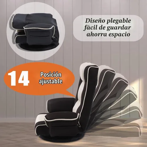 Vista 3 de Silla de suelo giratoria de 360 grados para juegos con reposabrazos, silla plegable de piso con respaldo acolchado de múltiples ángulos, sofá