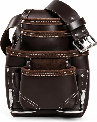 Vista 4 de Genuine Leather Tool Pouch Bag with 2'' Work Belt Included for Handyman, Construction, Carpenter, Farmers with 10 Pockets 2 Hammer Holders