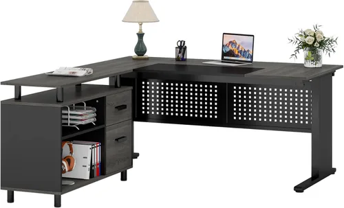 Vista 16 de LITTLE TREE Escritorio grande para computadora con archivador, escritorio ejecutivo en forma de L de 63 pulgadas con cajones y estantes