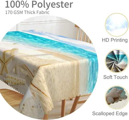 Vista 3 de Mantel oblongo, diseño de playa de 52 x 70 pulgadas, diseño de playa con estrellas de mar y olas de mar, con decoración impermeable y resistente a