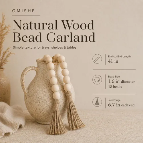Vista 2 de OMISHE Guirnalda de cuentas de madera extra grande con cuentas de madera y borlas de 1.6 pulgadas de diámetro, cuentas decorativas rústicas de 41